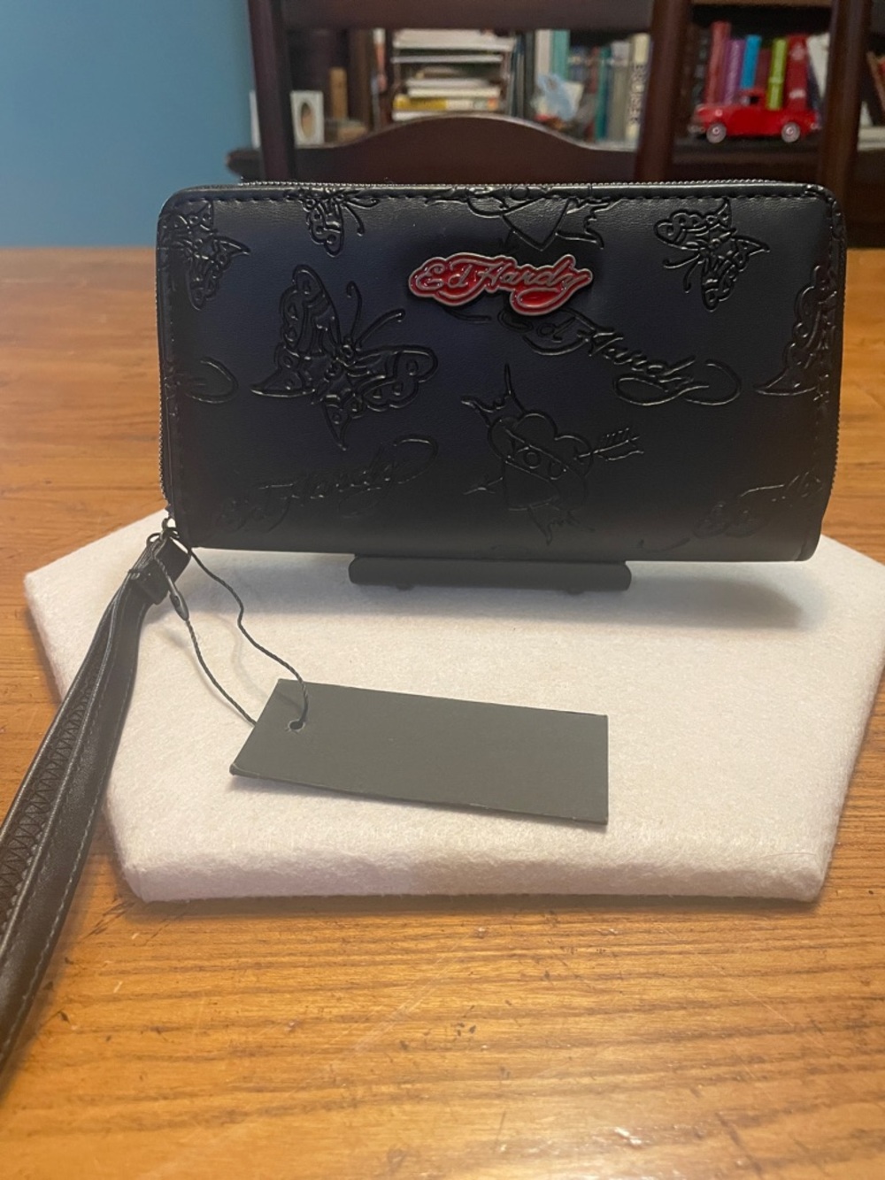 Ed Hardy Black Zip Wristlet Wallet with Red Logo